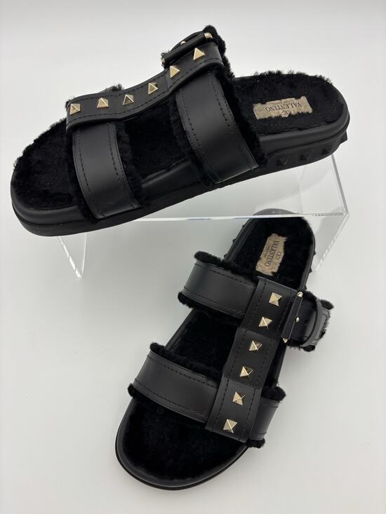 Valentino Shoes - Authentic Valentino Rockstud Fur Lined Slides Dad Sandals Black Leather Size 38